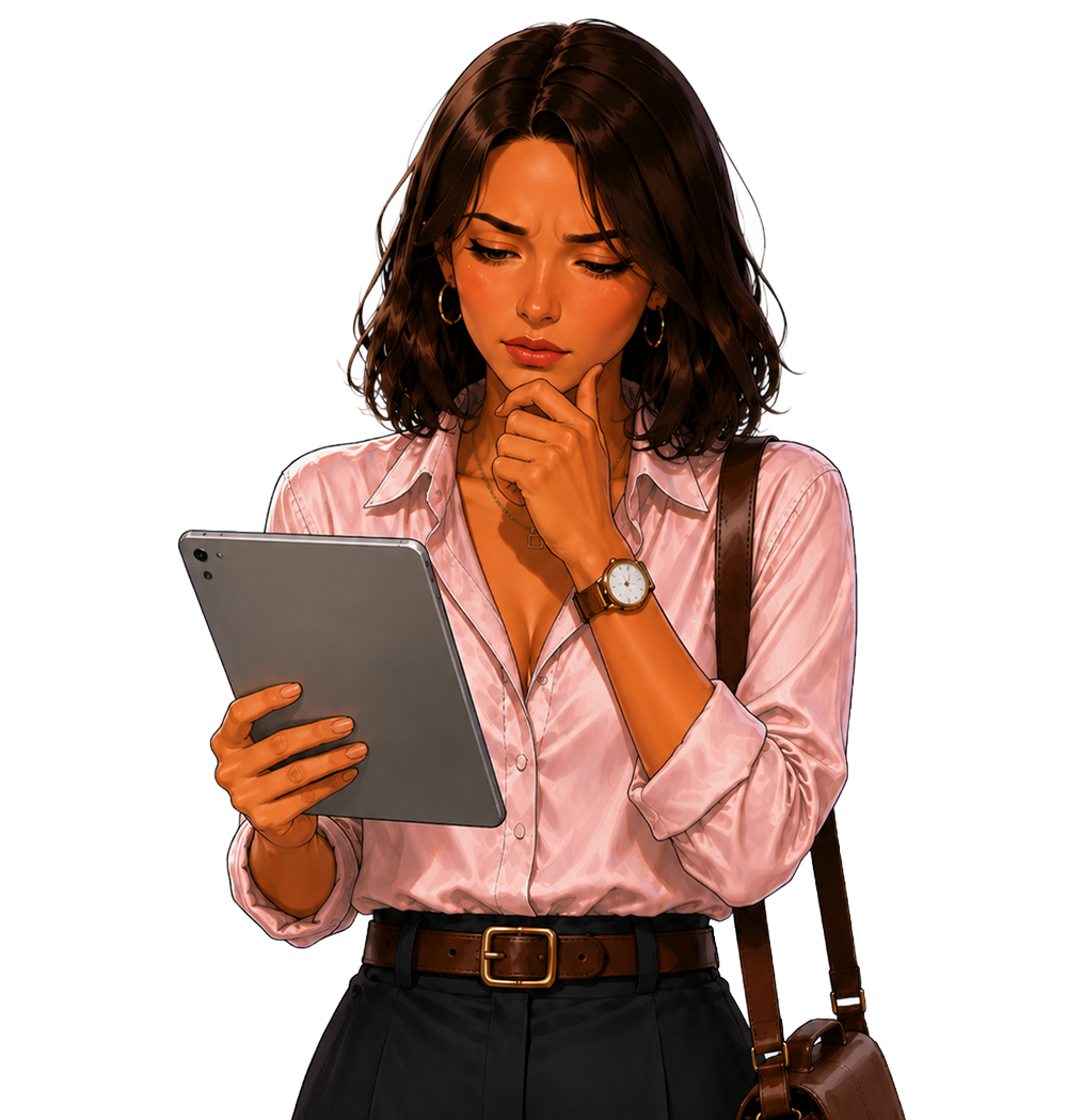 Hellen sosteniendo una tablet, pensativa.